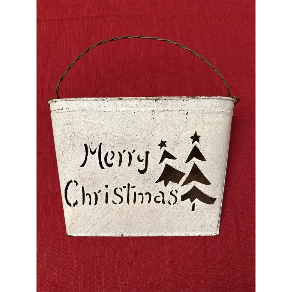 Metal White Wall Pocket Rustic Farmhouse Distressed Merry Christmas Trees cutout